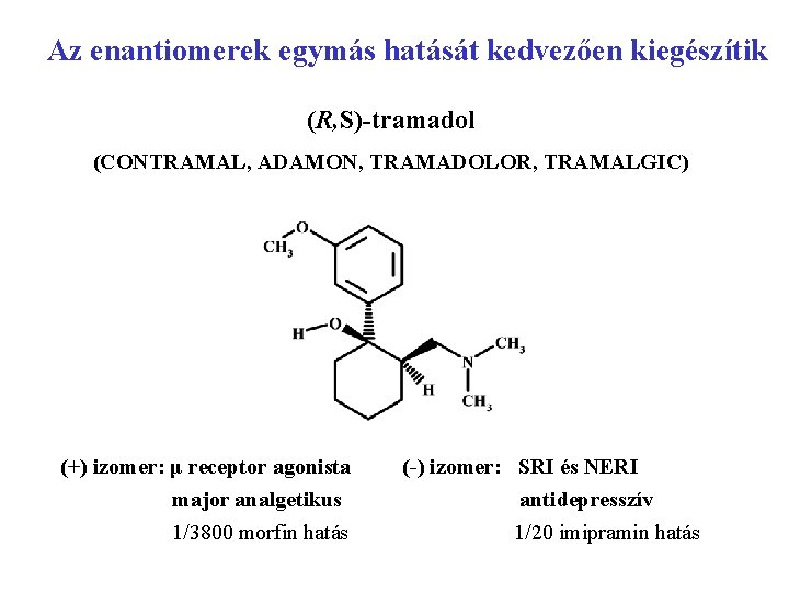Az enantiomerek egymás hatását kedvezően kiegészítik (R, S)-tramadol (CONTRAMAL, ADAMON, TRAMADOLOR, TRAMALGIC) (+) izomer: