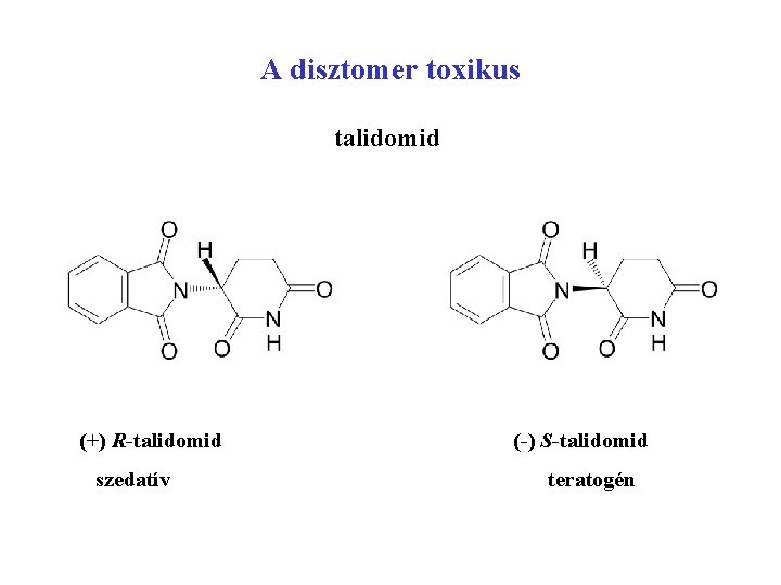 A disztomer toxikus talidomid (+) R-talidomid szedatív (-) S-talidomid teratogén 