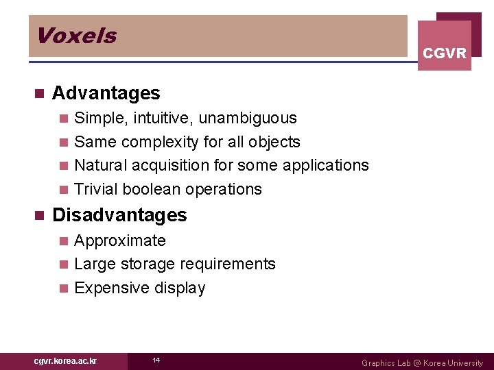 Voxels n CGVR Advantages Simple, intuitive, unambiguous n Same complexity for all objects n