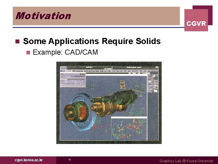 Motivation n CGVR Some Applications Require Solids n Example: CAD/CAM cgvr. korea. ac. kr