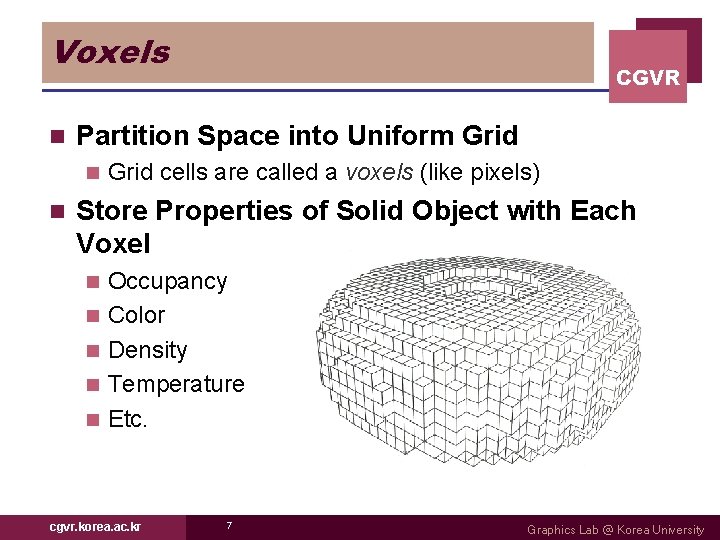 Voxels n Partition Space into Uniform Grid n n CGVR Grid cells are called