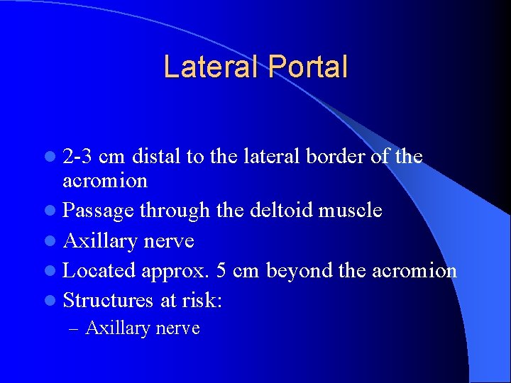 Lateral Portal l 2 -3 cm distal to the lateral border of the acromion Lateral Portal l 2 -3 cm distal to the lateral border of the acromion