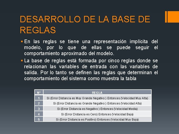 DESARROLLO DE LA BASE DE REGLAS § En las reglas se tiene una representación