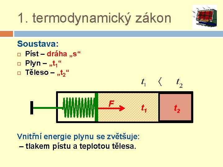 1. termodynamický zákon Soustava: Píst – dráha „s“ Plyn – „t 1“ Těleso –