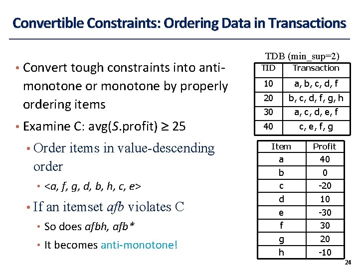 Convertible Constraints: Ordering Data in Transactions • Convert tough constraints into anti- monotone or