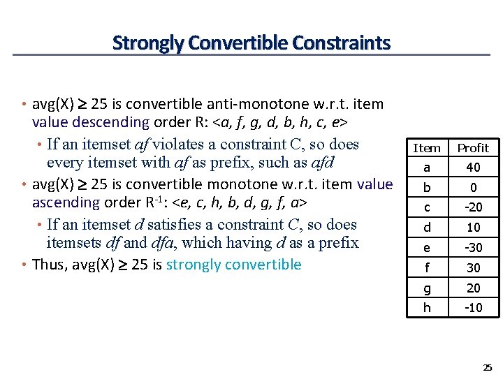 Strongly Convertible Constraints • avg(X) 25 is convertible anti-monotone w. r. t. item value