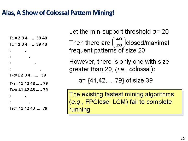 Alas, A Show of Colossal Pattern Mining! T 1 = 2 3 4 ….