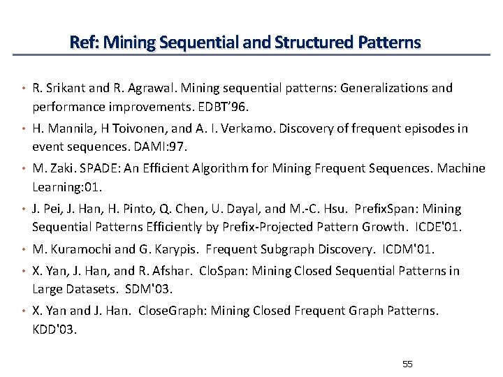 Ref: Mining Sequential and Structured Patterns • R. Srikant and R. Agrawal. Mining sequential