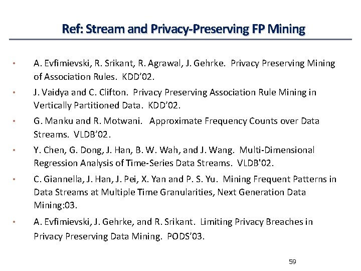 Ref: Stream and Privacy-Preserving FP Mining • A. Evfimievski, R. Srikant, R. Agrawal, J.