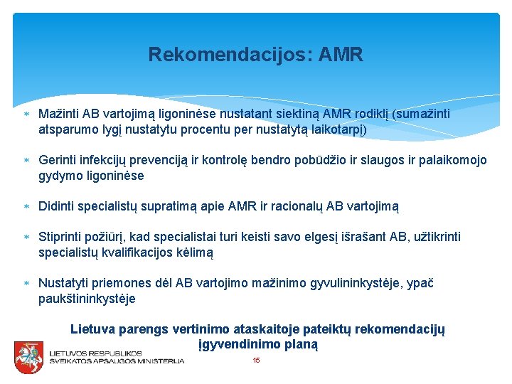 Rekomendacijos: AMR Mažinti AB vartojimą ligoninėse nustatant siektiną AMR rodiklį (sumažinti atsparumo lygį nustatytu