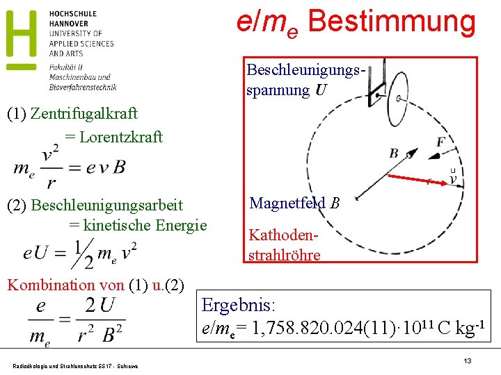 e/me Bestimmung Beschleunigungsspannung U (1) Zentrifugalkraft = Lorentzkraft (2) Beschleunigungsarbeit = kinetische Energie Kombination