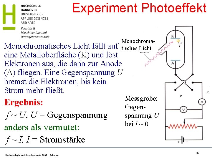 Experiment Photoeffekt Monochromatisches Licht fällt auf eine Metalloberfläche (K) und löst Elektronen aus, die