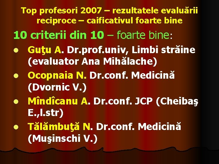 Top profesori 2007 – rezultatele evaluării reciproce – caificativul foarte bine 10 criterii din