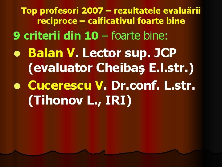 Top profesori 2007 – rezultatele evaluării reciproce – caificativul foarte bine 9 criterii din