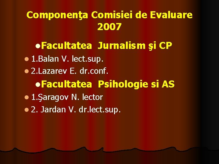 Componenţa Comisiei de Evaluare 2007 l. Facultatea Jurnalism şi CP l 1. Balan V.