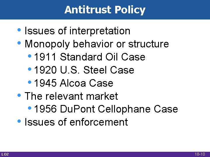 Antitrust Policy • Issues of interpretation • Monopoly behavior or structure • 1911 Standard