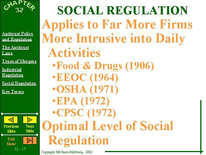 SOCIAL REGULATION Antitrust Policy and Regulation The Antitrust Laws Types of Mergers Industrial Regulation