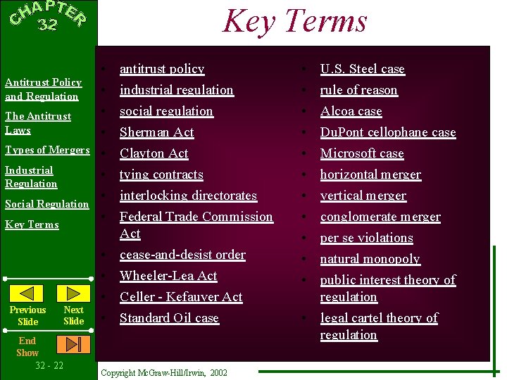 Key Terms Antitrust Policy and Regulation The Antitrust Laws Types of Mergers Industrial Regulation