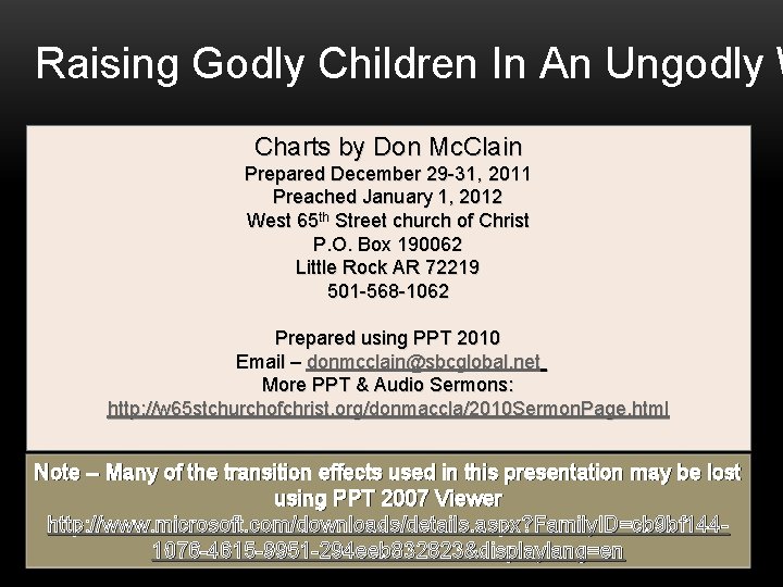 Raising Godly Children In An Ungodly W Charts by Don Mc. Clain Prepared December