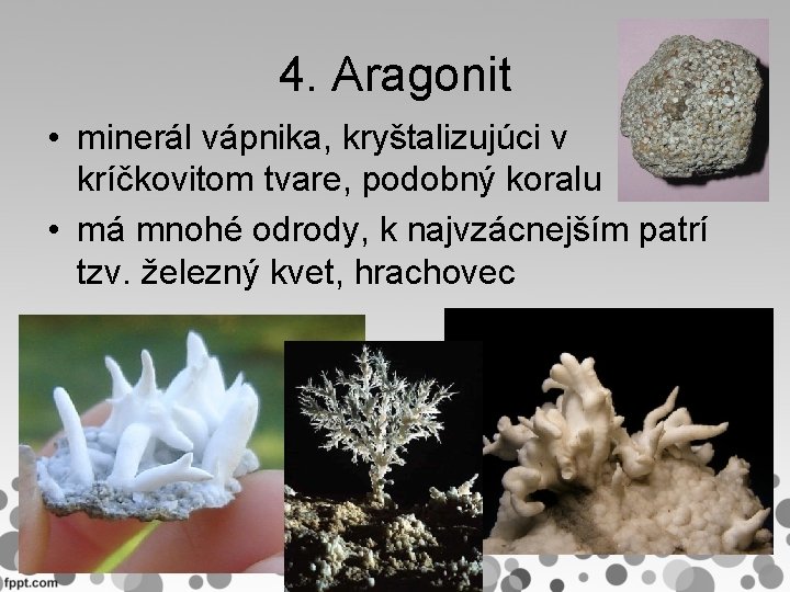 4. Aragonit • minerál vápnika, kryštalizujúci v kríčkovitom tvare, podobný koralu • má mnohé