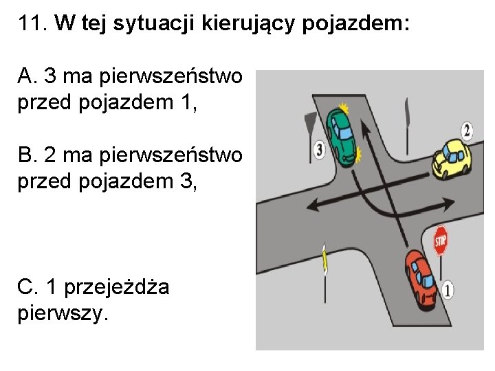 11. W tej sytuacji kierujący pojazdem: A. 3 ma pierwszeństwo przed pojazdem 1, B. 11. W tej sytuacji kierujący pojazdem: A. 3 ma pierwszeństwo przed pojazdem 1, B.