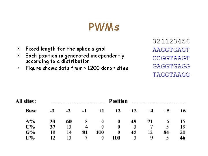 PWMs • • • Fixed length for the splice signal. Each position is generated