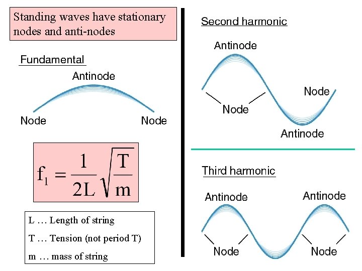 Standing waves have stationary nodes and anti-nodes L … Length of string T …