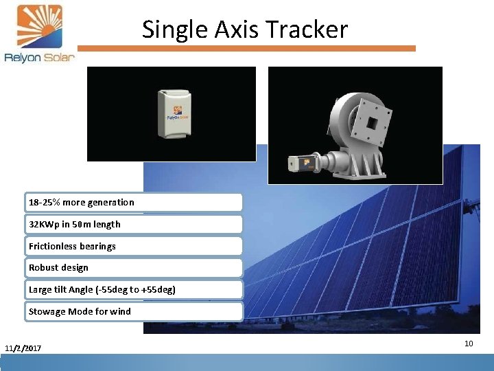 Single Axis Tracker 18 -25% more generation 32 KWp in 50 m length Frictionless