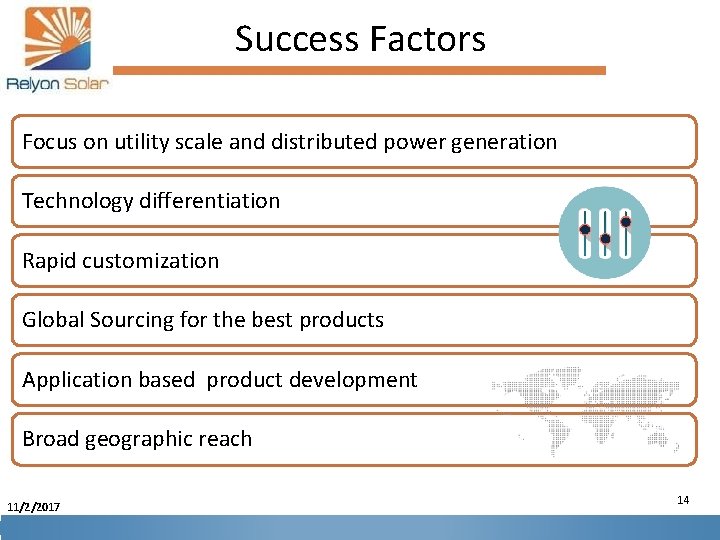 Success Factors Focus on utility scale and distributed power generation Technology differentiation Rapid customization