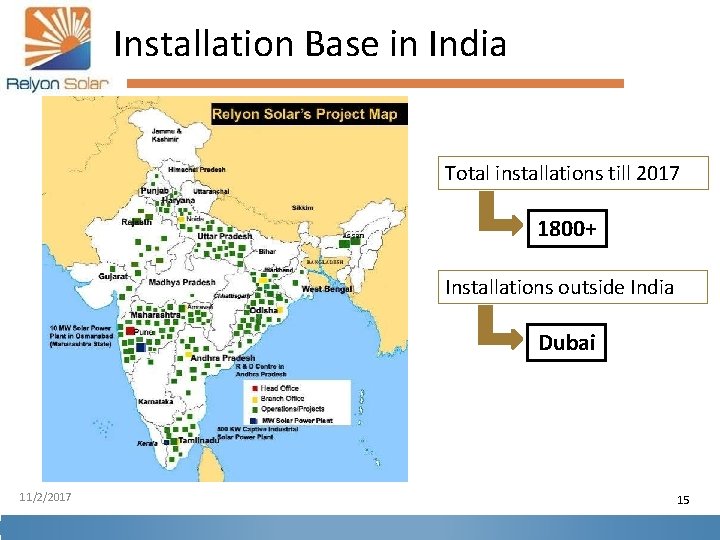 Installation Base in India Total installations till 2017 1800+ Installations outside India Dubai 11/2/2017