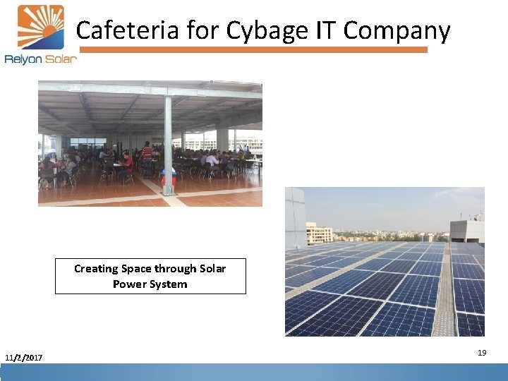 Cafeteria for Cybage IT Company Creating Space through Solar Power System 11/2/2017 19 