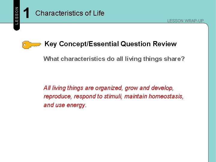 LESSON 1 Characteristics of Life LESSON WRAP-UP Key Concept/Essential Question Review What characteristics do