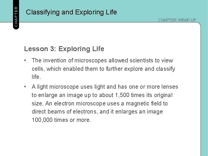 CHAPTER Classifying and Exploring Life CHAPTER WRAP-UP Lesson 3: Exploring Life • The invention
