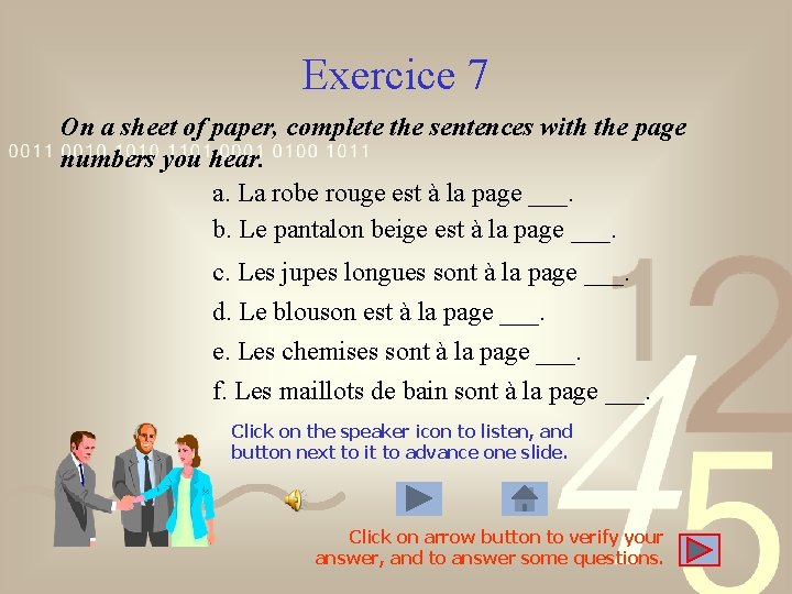 Exercice 7 On a sheet of paper, complete the sentences with the page numbers Exercice 7 On a sheet of paper, complete the sentences with the page numbers