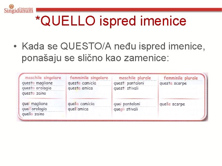*QUELLO ispred imenice • Kada se QUESTO/A neđu ispred imenice, ponašaju se slično kao *QUELLO ispred imenice • Kada se QUESTO/A neđu ispred imenice, ponašaju se slično kao