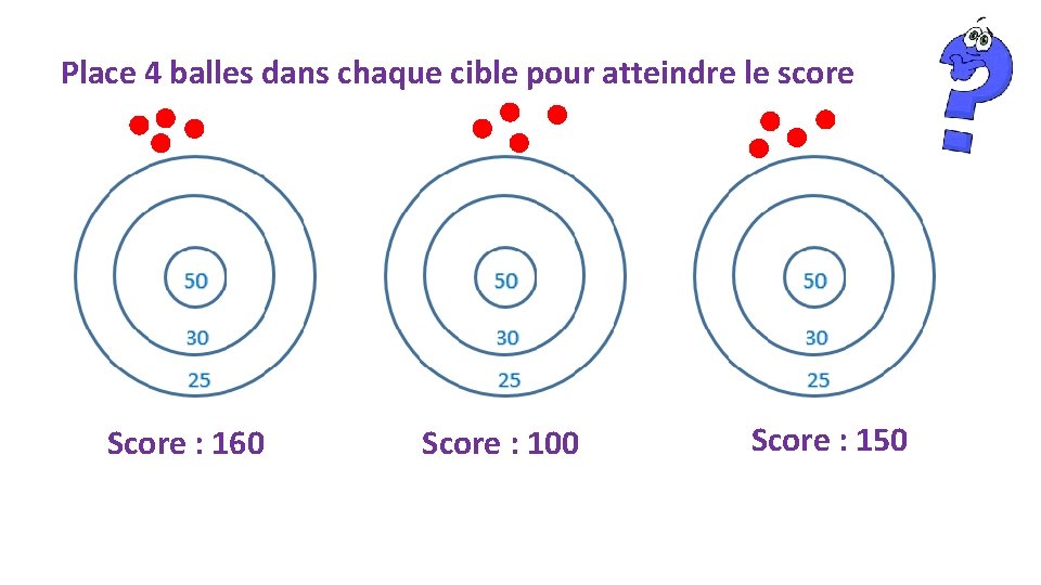 Place 4 balles dans chaque cible pour atteindre le score Score : 160 Score