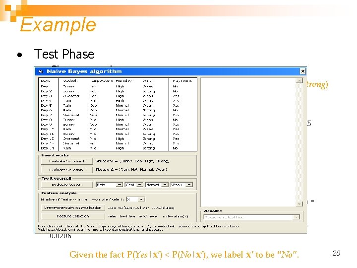 Example • Test Phase – Given a new instance, x’=(Outlook=Sunny, Temperature=Cool, Humidity=High, Wind=Strong) –