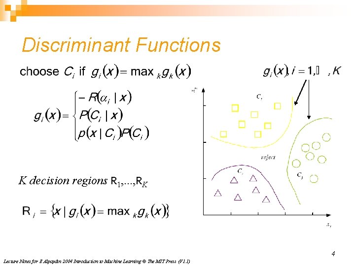 Discriminant Functions K decision regions R 1, . . . , RK 4 Lecture