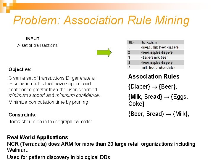 Problem: Association Rule Mining INPUT A set of transactions Objective: Given a set of
