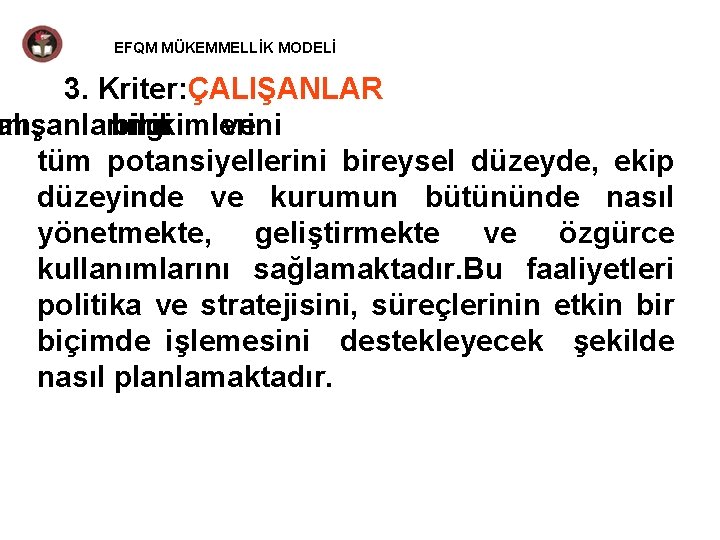 EFQM MÜKEMMELLİK MODELİ 3. Kriter: ÇALIŞANLAR um, alışanlarının bilgi birikimlerini ve tüm potansiyellerini bireysel