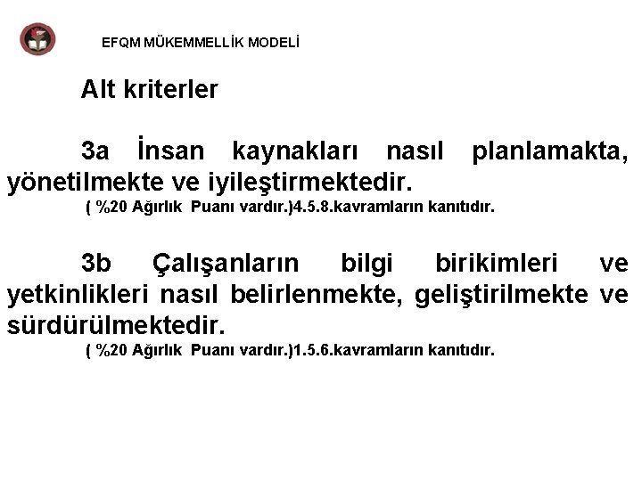 EFQM MÜKEMMELLİK MODELİ Alt kriterler 3 a İnsan kaynakları nasıl planlamakta, yönetilmekte ve iyileştirmektedir.