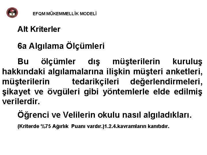 EFQM MÜKEMMELLİK MODELİ Alt Kriterler 6 a Algılama Ölçümleri Bu ölçümler dış müşterilerin kuruluş