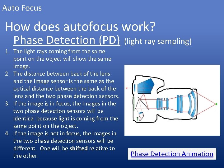 Auto Focus How does autofocus work? Phase Detection (PD) 1. The light rays coming