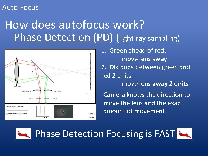 Auto Focus How does autofocus work? Phase Detection (PD) (light ray sampling) 1. Green