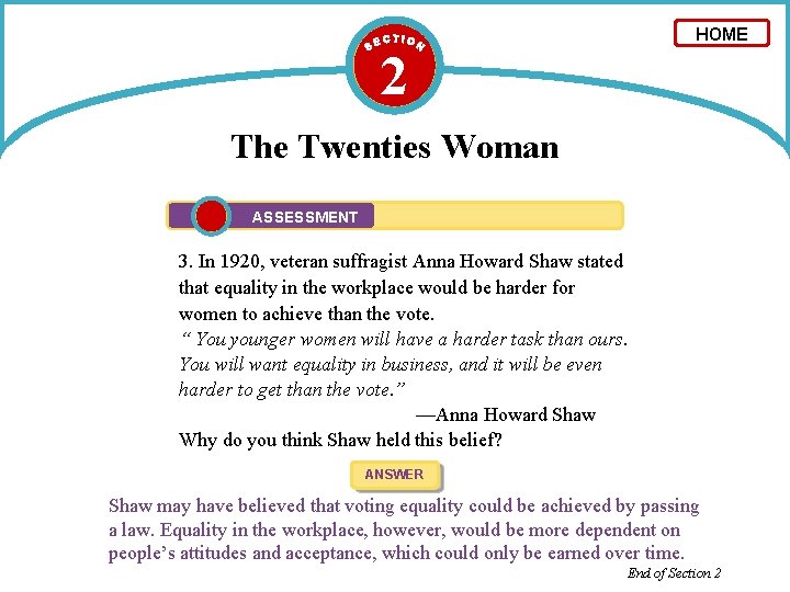 HOME 2 The Twenties Woman ASSESSMENT 3. In 1920, veteran suffragist Anna Howard Shaw