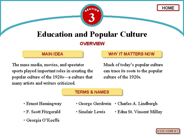 HOME 3 Education and Popular Culture OVERVIEW MAIN IDEA WHY IT MATTERS NOW The