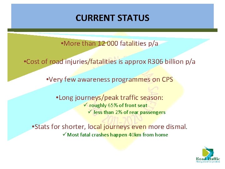 CURRENT STATUS • More than 12 000 fatalities p/a • Cost of road injuries/fatalities