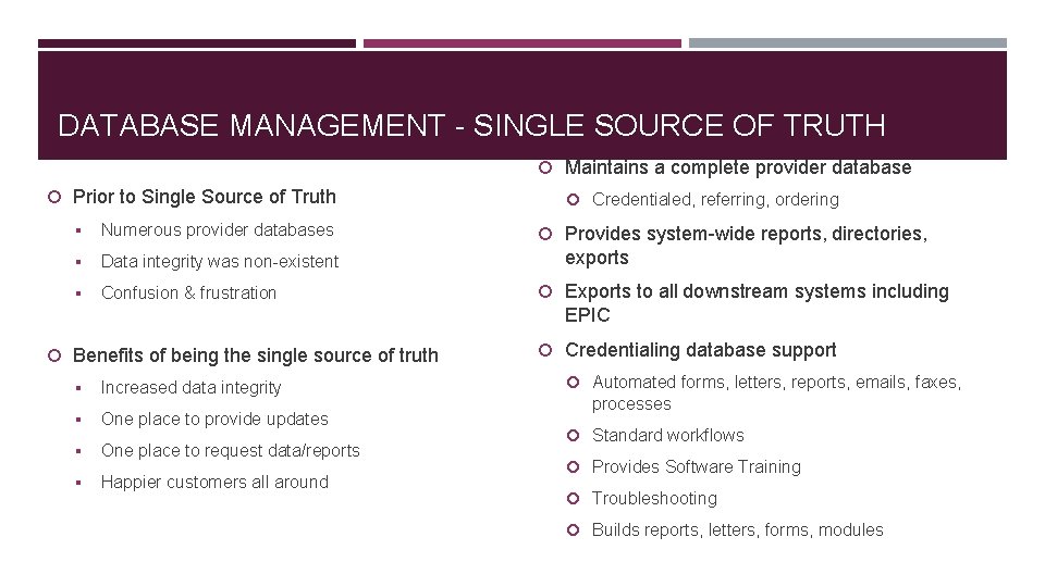 DATABASE MANAGEMENT - SINGLE SOURCE OF TRUTH Maintains a complete provider database Prior to