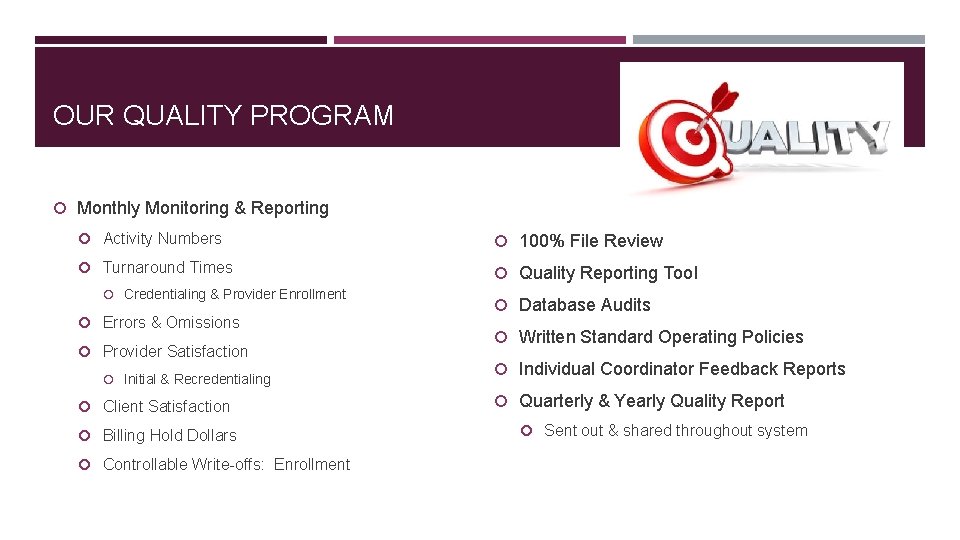 OUR QUALITY PROGRAM Monthly Monitoring & Reporting Activity Numbers 100% File Review Turnaround Times