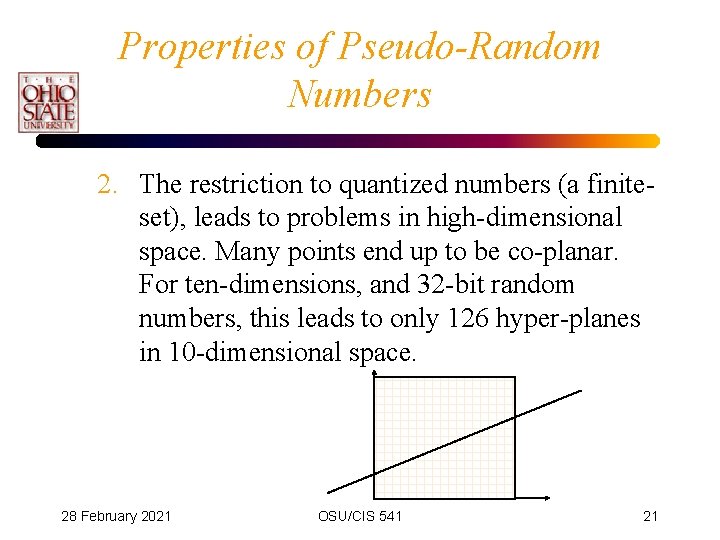Properties of Pseudo-Random Numbers 2. The restriction to quantized numbers (a finiteset), leads to